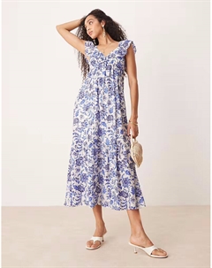 Платье миди с оборками на рукавах и синим растительным принтом Mango