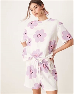 Комплект из футболки свободного кроя с цветочным принтом и короткой пижамы кремового цвета Asos design