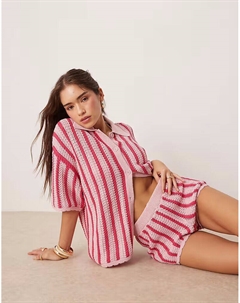 Полосатая трикотажная рубашка с фестончатым краем розового цвета Asos design