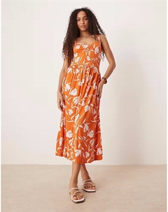 Платье миди с вырезом сердечком и цветочным принтом оранжевого и белого цвета Asos design