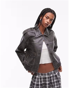 Укороченная куртка-бомбер из искусственной кожи с накладными карманами и пуговицами в выстиранном черном цвете Topshop