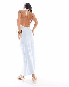 Длинное платье с воротником-халтером цвета пудрово-голубой Pull & bear