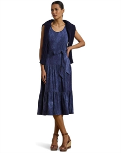 Платье Print Belted Slub Jersey Tiered Dress, синий мульти Lauren ralph lauren