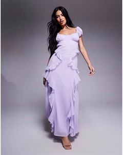 Платье миди с присборенными рукавами и оборками сиреневого цвета Asos design