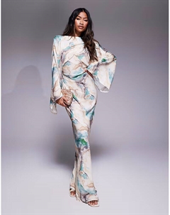 Платье макси с атласным кроем «летучая мышь» с запахом спереди и абстрактным принтом Asos design