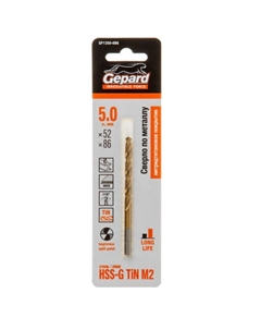 Сверло по металлу GP1350-086, ц/х, 5.0х52х86 мм, HSS TIN Gepard