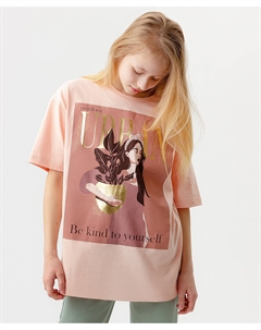 Футболка хлопковая прямого кроя с блестящим принтом розовая для девочки Button blue