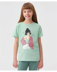 Футболка прямого кроя с оригинальным принтом на полочке светло-зелёная для девочки Button blue