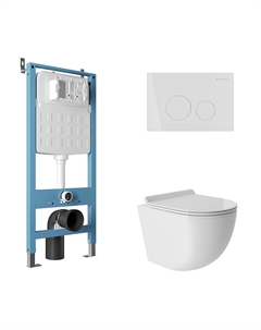 Комплект AQDS085T Унитаз подвесной Ovo безободковый, с микролифтом, смыв Tornado + Система инсталляции для унитазов Tecnica Novo + Кнопка смыва Circulo белая глянцевая Aqueduto