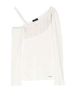 Футболка асимметричного кроя в рубчик с бахромой, нейтральный цвет Monnalisa