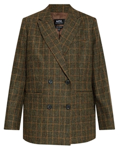 Клетчатый шерстяной двубортный пиджак, коричневый A.p.c.