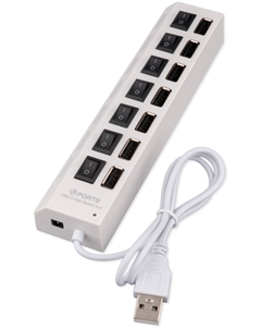 Разветвитель UHB-U2P7-01W USB2.0,, 7хUSB, с доп.питанием, подсв и выкл, кабель USB 55см, белый, коробка Gembird