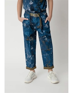 Брюки из ткани с винтажным узором и поясом, темно-синий Gulliver