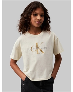 Футболка Jeans "GLITTER MONOGRAM BOXY SS T-SHIRT", для детей до 16 лет, со блестящей фирменной этикеткой, цвет Afterglow Calvin klein