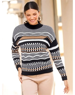 Свитер с воротником стойкой "Жаккардовый свитер", цвет Schwarz-Camel-Gemustert Classic basics