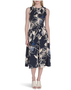 Платье Smocked Commuter Floral Dropwaist, индиго мульти Calvin klein