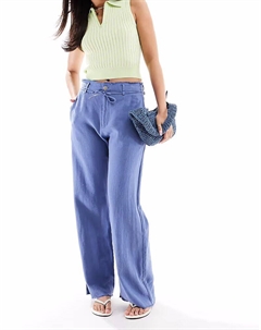 Широкие брюки из льняной смеси с необработанным краем синего цвета Pull & bear