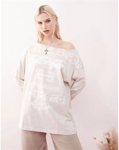 Бежевый топ с длинными рукавами и вырезом-лодочкой Weekday