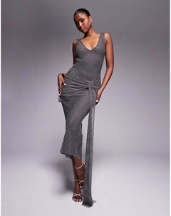 Платье миди из сетки с круглым вырезом, стразами и шлейфом угольно-серого цвета Asos design