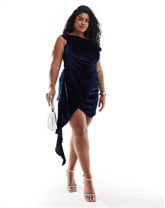 Темно-синее бархатное платье мини с открытыми плечами и асимметричным подолом DESIGN Curve Asos