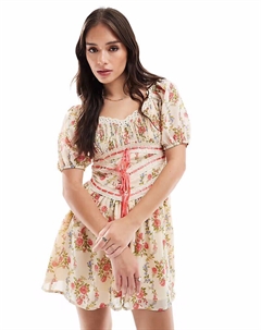 Мини-платье молочницы с отделкой из ленты и винтажным цветочным принтом на обоях Asos design