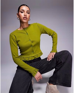 Мини-топ в рубчик с застежкой на пуговицы и небольшой оборкой оливкового цвета Asos design