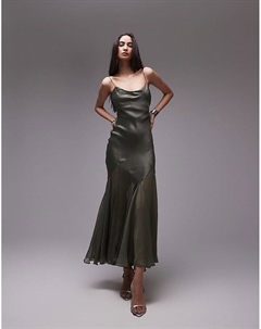 – премиальное платье миди из смешанных материалов цвета хаки с отделкой в ​​виде годе Topshop