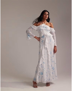 Платье макси с открытыми плечами и оборками Bridesmaids светло-голубого цвета Asos design