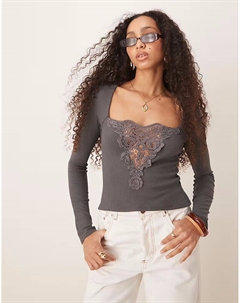 Длинный топ с кружевными вставками темно-серого цвета Asos design