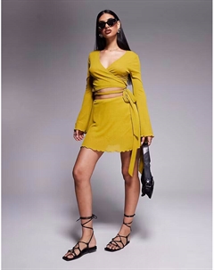 Мини-юбка из сетчатой ткани с оборками и запахом, с узлом сбоку, цвета шартрез Asos design