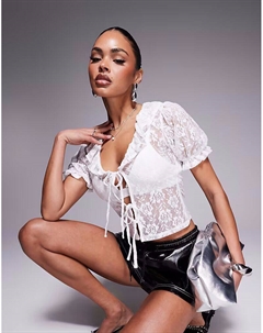 Топ с кружевным завязкой спереди и рукавами-буфами в стиле бохо, кремового цвета Asos design