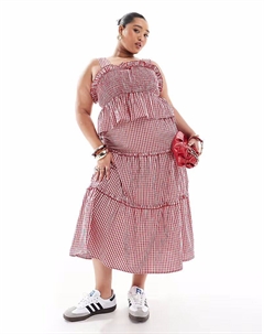 Эксклюзивная юбка макси Plus с бантом и вишневым декором в красную клетку Renee studio