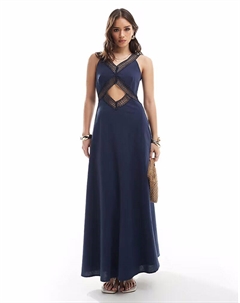 Длинное платье с V-образным вырезом спереди, отделкой крючком, темно-синего цвета 4th & reckless