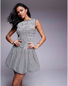 Мини-платье в однотонную клетку с бантом на спине и подолом-пузырьком Forever new