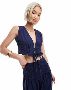 Льняной укороченный жилет с завязкой спереди, темно-синий 4th & reckless