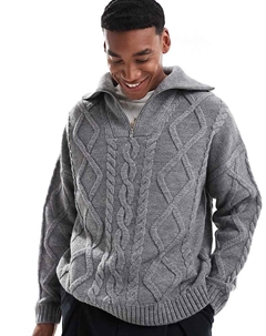 Серый свитер объемной вязки из смесовой шерсти с молнией на шее DESIGN Asos