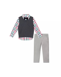 Маленький мальчик: детская белая рубашка в клетку с жилетом цвета древесного угля и бабочкой, белый Andy & evan