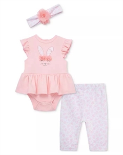 Детский комплект для девочек из хлопка: боди с юбочкой Bunny, леггинсы и повязка на голову, 3 предмета, розовый Little me