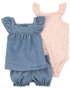 Комплект для девочек из 3 предметов: топ, шорты и боди с принтом из хлопкового шамбре, синий Carter`s