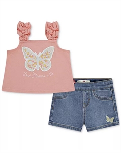 Детский комплект для девочек: топ с рюшами и бабочками на бретелях и шорты, 2 предмета, розовый Levi's®