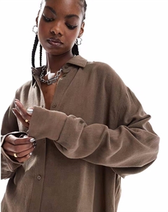 Рубашка Perfect из смеси льна коричневого цвета Weekday