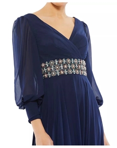 Женское платье с рукавами "епископ", запахом и поясом, струящийся фасон, синий Mac duggal