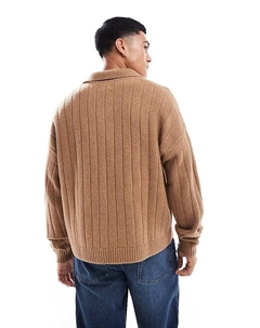 Светло-коричневый меланжевый свободный свитер в рубчик с вырезом DESIGN Asos