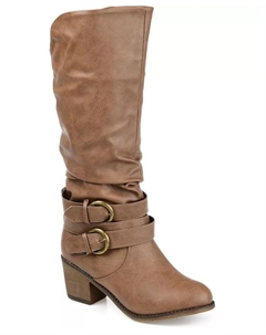 Женские сапоги с широким голенищем, плиссированные, с прямым каблуком и застежкой на пряжку, модель Late Wide Calf Rouched Buckle Mid Shaft Block Heel Boots, коричневый/бежевый Journee collection