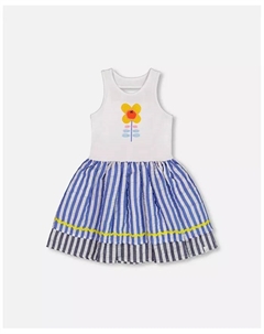 Платье для девочки из хлопка и жаккарда, бело-синее - Toddler|Child, синий Deux par deux