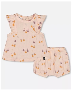 Комплект для девочки: топ и шортики из муслина с принтом "Персик с грушами", оранжевый Deux par deux