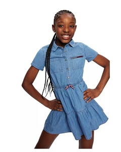 Детское и для девочек легкое джинсовое платье-рубашка с рюшами, синий Tommy hilfiger