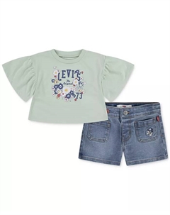 Комплект из топа с расклешенными рукавами и джинсовых шорт Levi’s для девочек (2 предмета), синий Levi's®