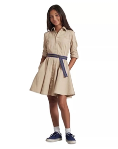 Хлопковое платье-рубашка с поясом Big Girls Chino, коричневый/бежевый Polo ralph lauren