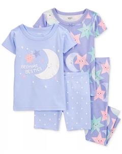 Пижама для девочек с рисунком «Луна и звезды», 100% хлопок, облегающая, комплект из 4 предметов, фиолетовый Carter`s